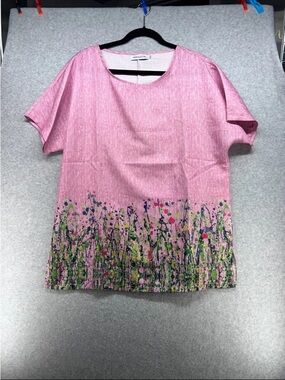 MISSLOOK Pink Short Sleeve Tee with Floral Paint-Effect Hem